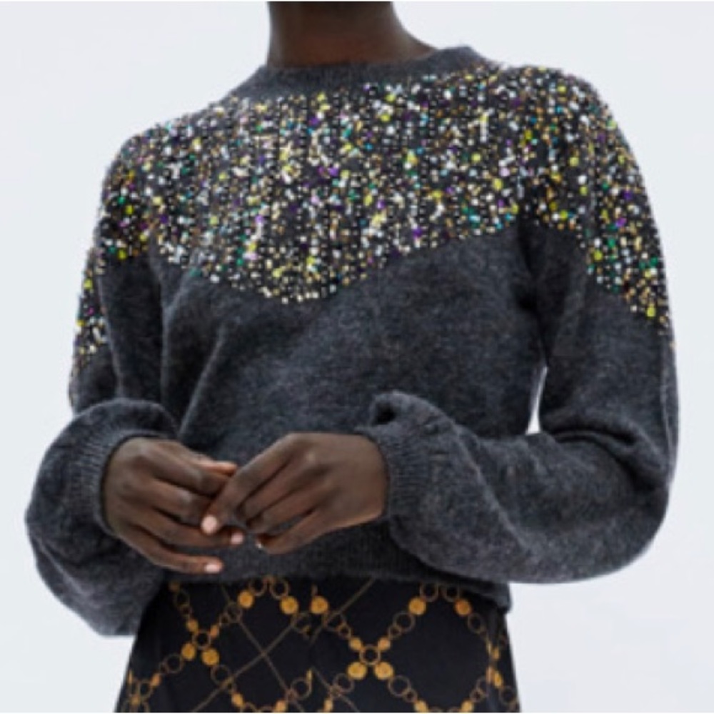 ZARA SEQUIN PUFF SLEEVES PARTY FESTIVE SWEATER JUMPER BRAND NEW WITH TAGS SIZE S